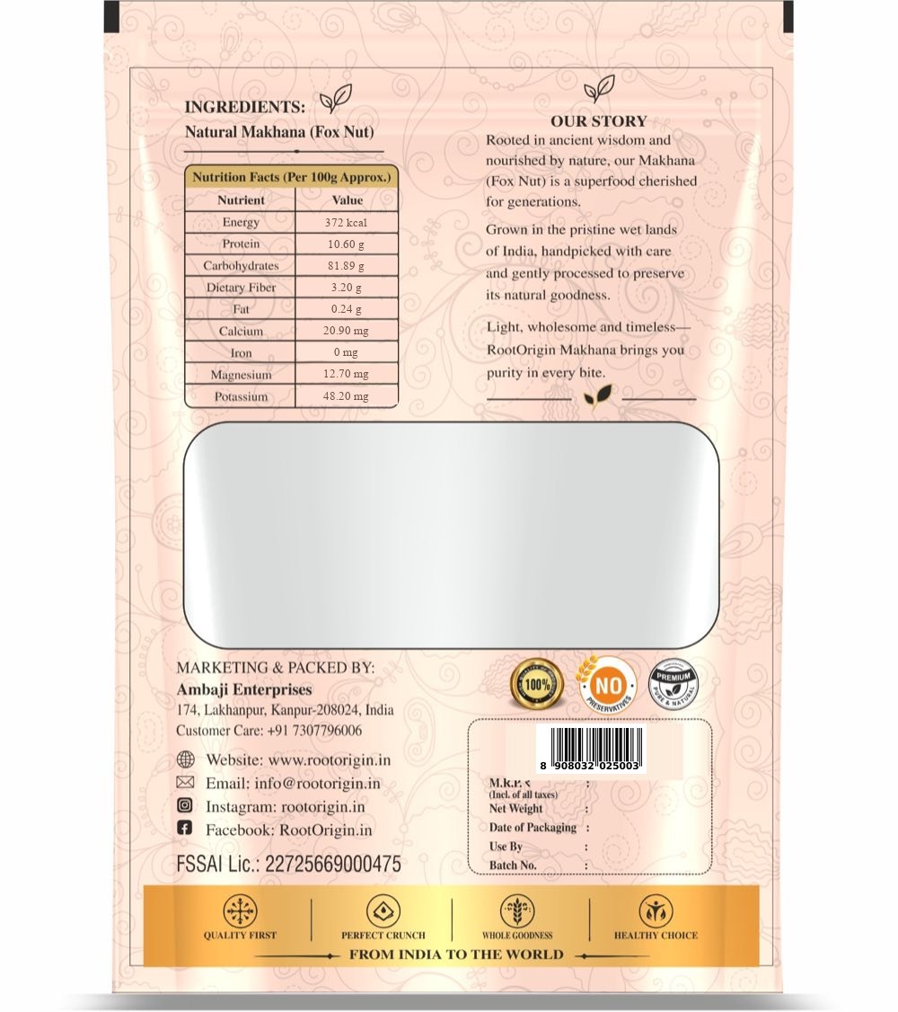RootOrigin Premium Raw Makhana — back, nutrition & info